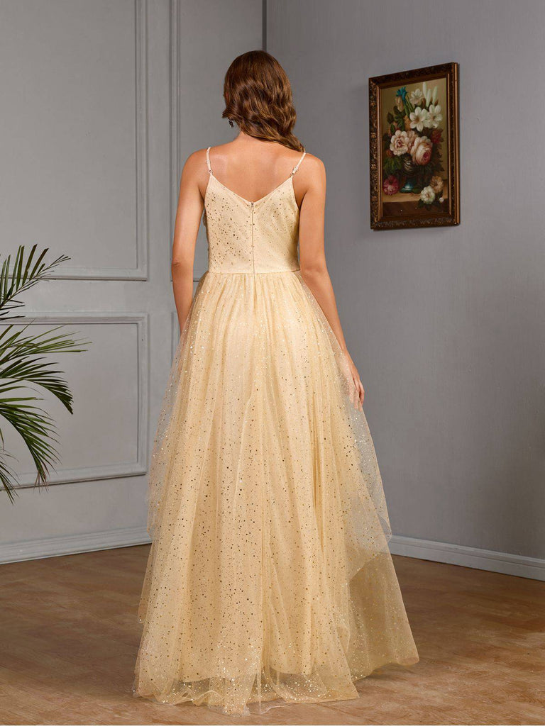 Gold 1930s Sequined V-Neck Mesh Spaghetti Strap Dress