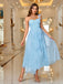 Blue 1950s One-Shoulder Lace-Up Mesh Fishbone Dress