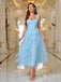 Blue 1950s One-Shoulder Lace-Up Mesh Fishbone Dress