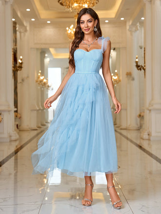 Blue 1950s One-Shoulder Lace-Up Mesh Fishbone Dress