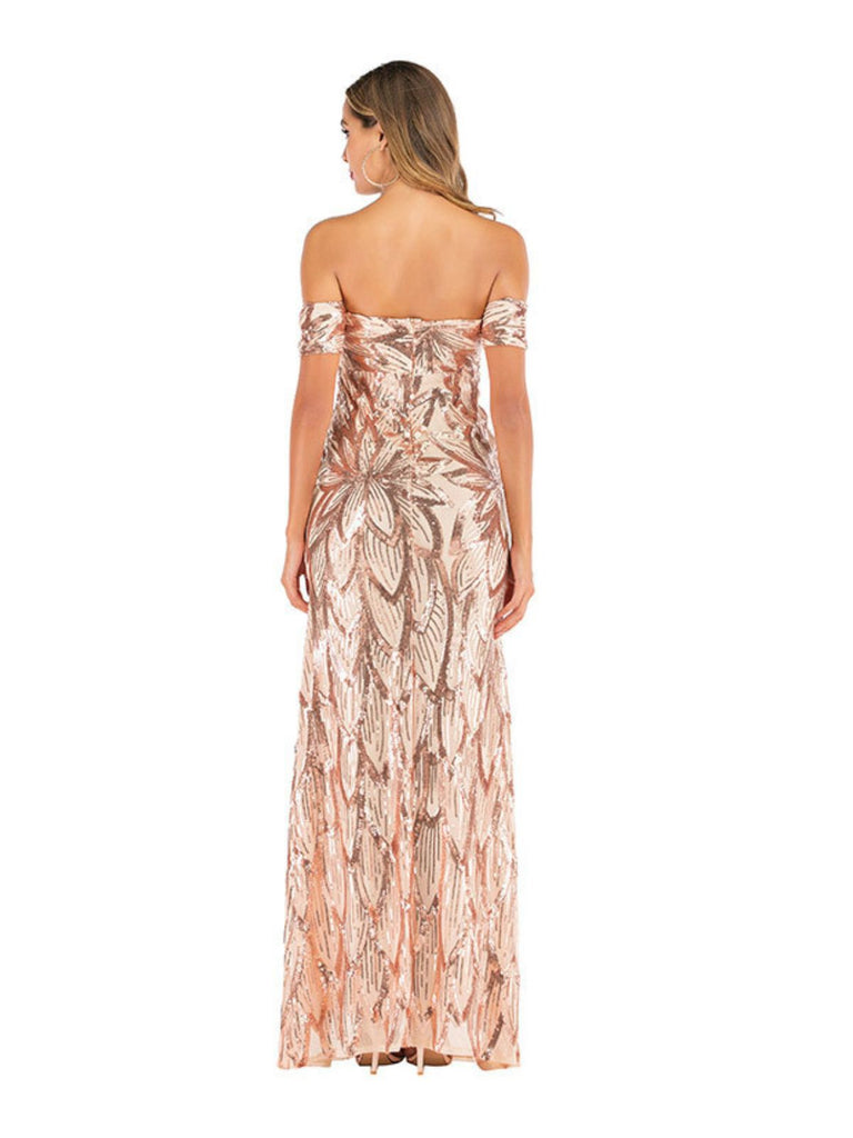 Champagne 1920s Floral Sequined Off-Shoulder Dress