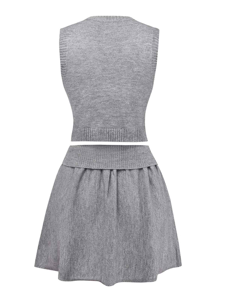 2PCS Grey 1960s Knitted V-Neck Top & Skirt