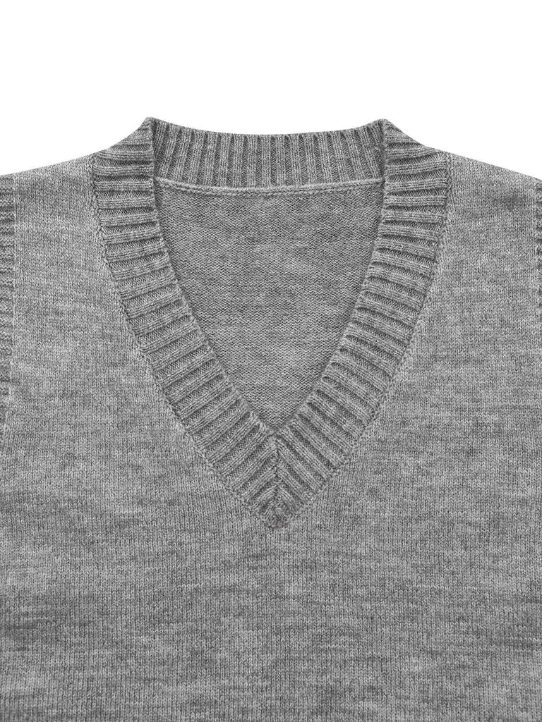 2PCS Grey 1960s Knitted V-Neck Top & Skirt