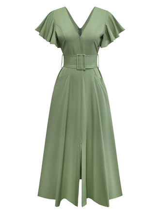 1940s Solid Flare Sleeve Deep V Belted Dress