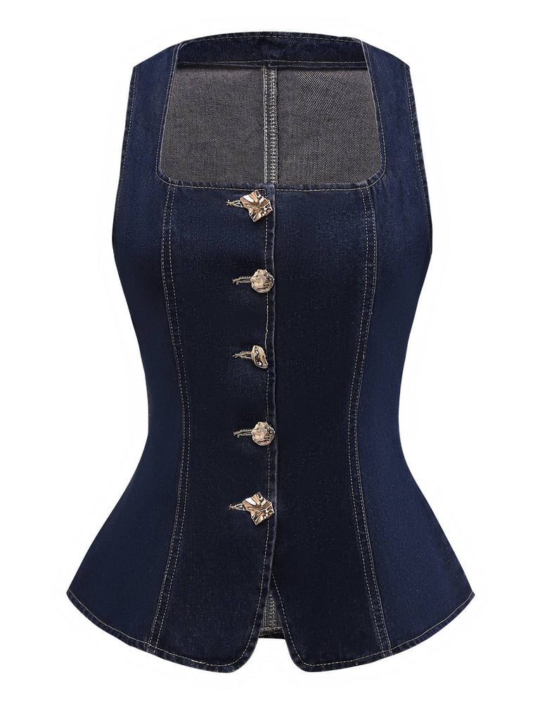 Blue 1950s Square Neck Buttoned Denim Vest