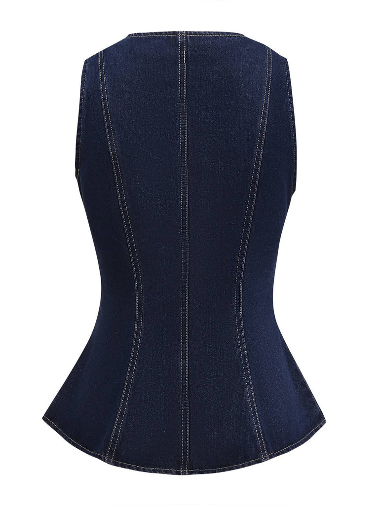 Blue 1950s Square Neck Buttoned Denim Vest