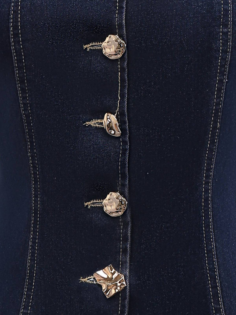 Blue 1950s Square Neck Buttoned Denim Vest