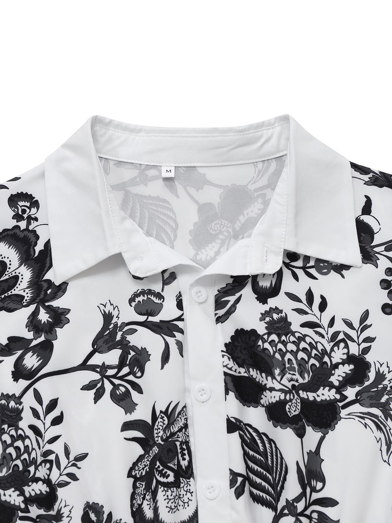 Black 1940s Plants Floral Shirt Collar Belted Dress
