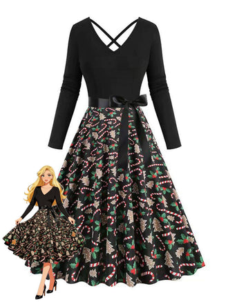 Black 1950s Christmas Print V-Neck Cross Back Dress