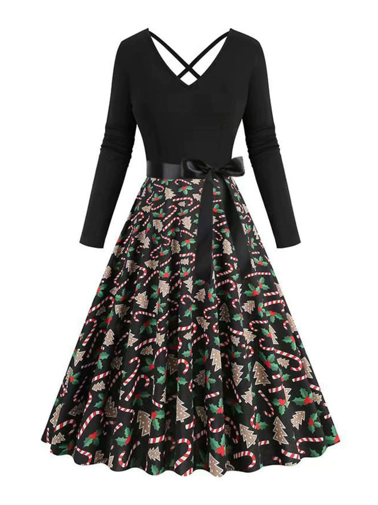 Black 1950s Christmas Print V-Neck Cross Back Dress