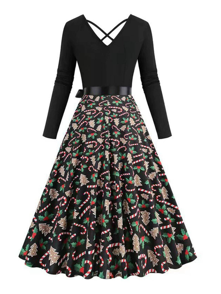 Black 1950s Christmas Print V-Neck Cross Back Dress