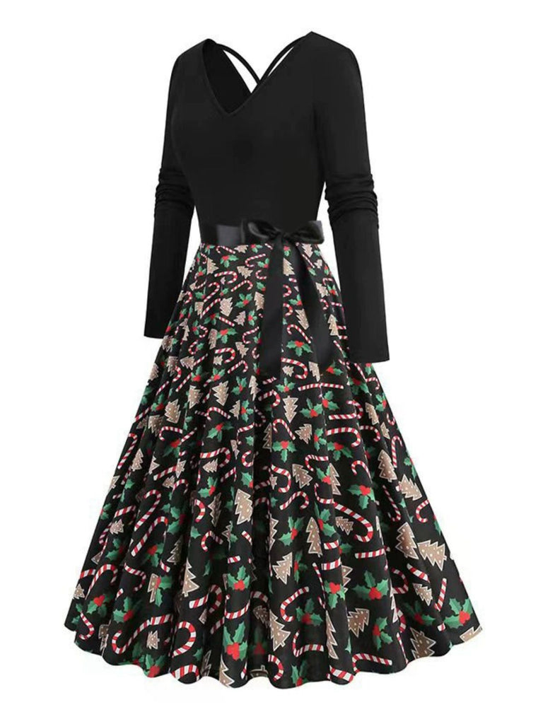Black 1950s Christmas Print V-Neck Cross Back Dress