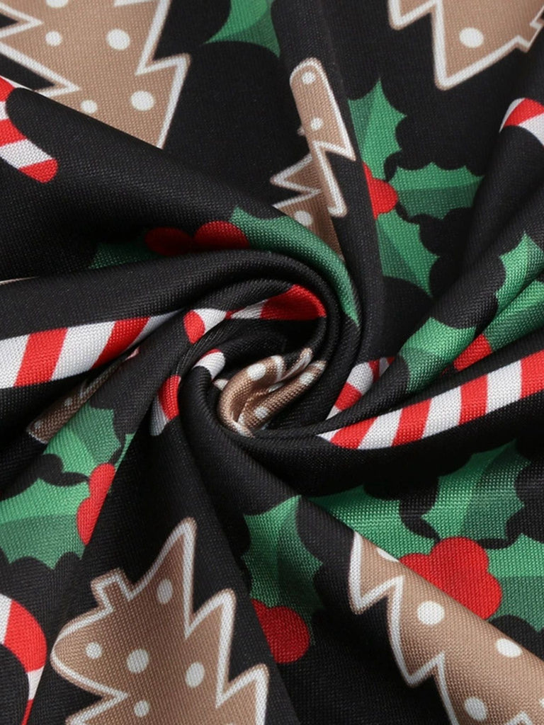 Black 1950s Christmas Print V-Neck Cross Back Dress