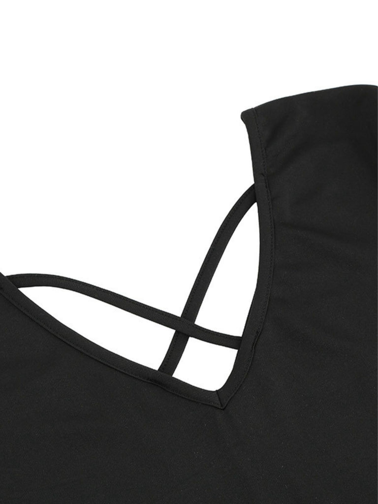 Black 1950s Christmas Print V-Neck Cross Back Dress