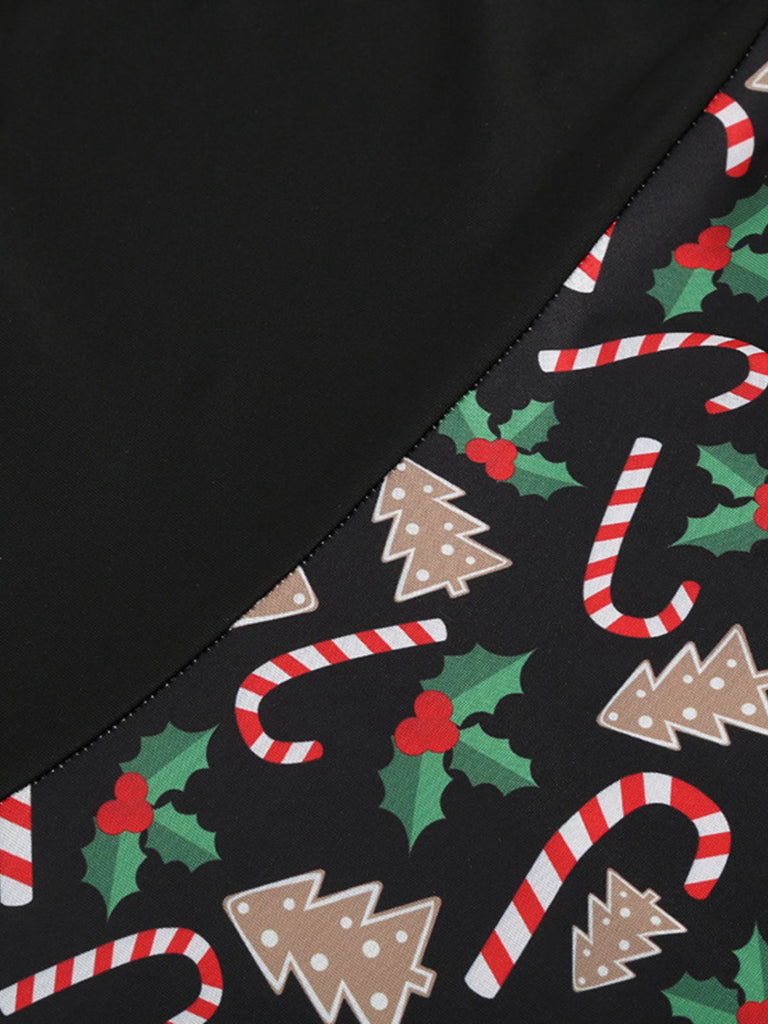 Black 1950s Christmas Print V-Neck Cross Back Dress