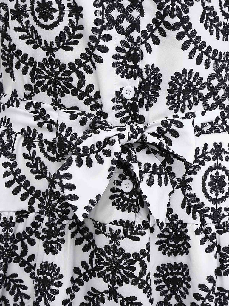 Black 1940s Lapel Tie-Waist Floral Sleeveless Dress