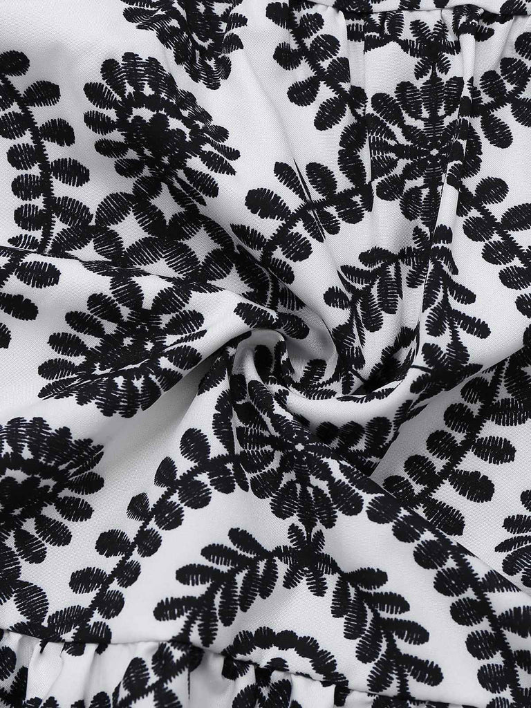 Black 1940s Lapel Tie-Waist Floral Sleeveless Dress