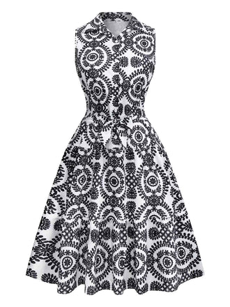 Black 1940s Lapel Tie-Waist Floral Sleeveless Dress