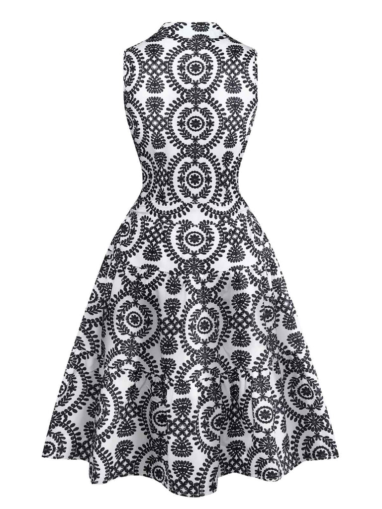 Black 1940s Lapel Tie-Waist Floral Sleeveless Dress