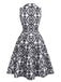 Black 1940s Lapel Tie-Waist Floral Sleeveless Dress