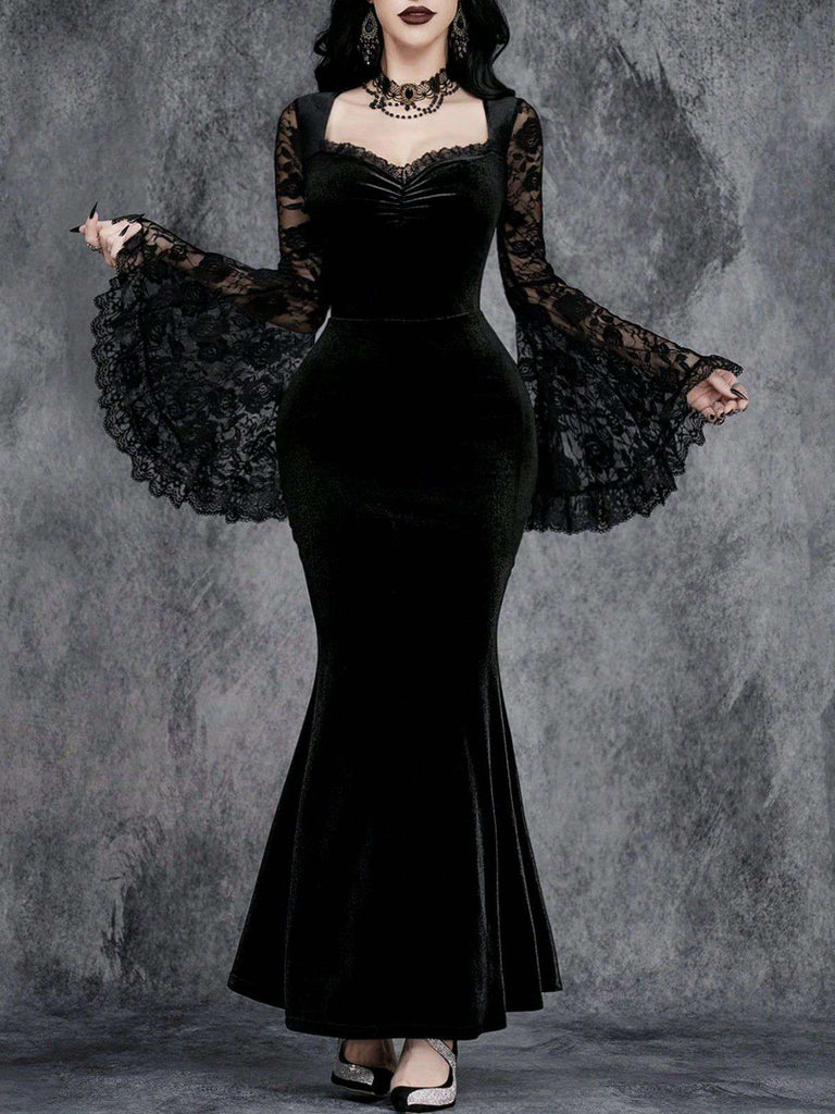 Black 1930s Lace Sleeve Velvet Fishtail Dress