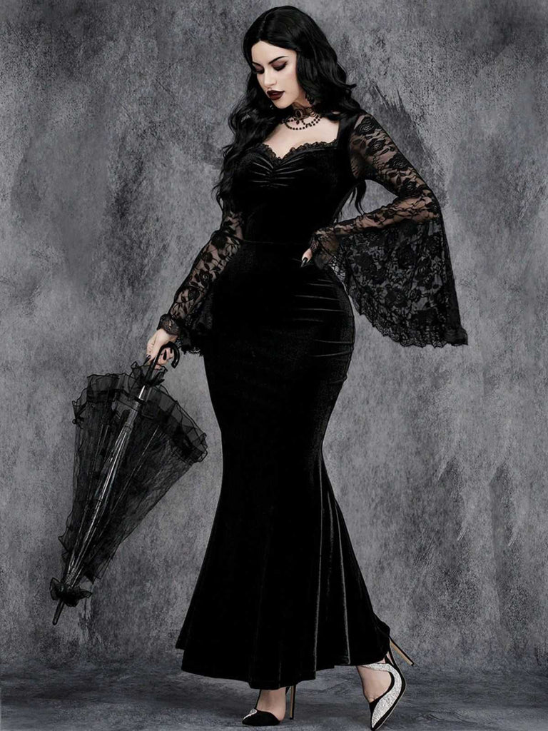Black 1930s Lace Sleeve Velvet Fishtail Dress