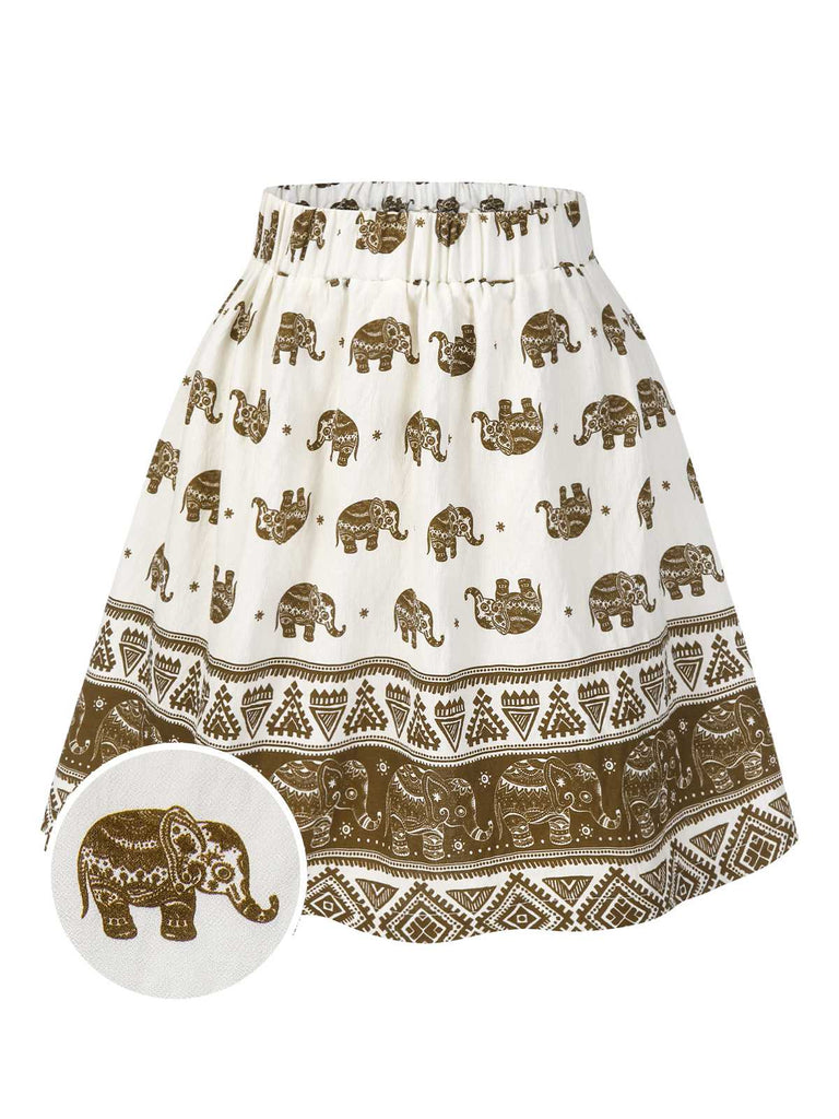 [Pre-Sale] Brown 1940s Elephant Tribal Print A-Line Skirt