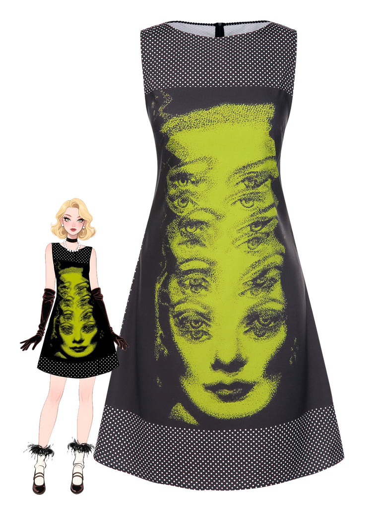 [Pre-Sale] Black 1960s Face Print Polka Dot Dress