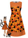 [Pre-Sale] Orange 1960s Cat & Pumpkin Print Polka Dot A-Line Dress