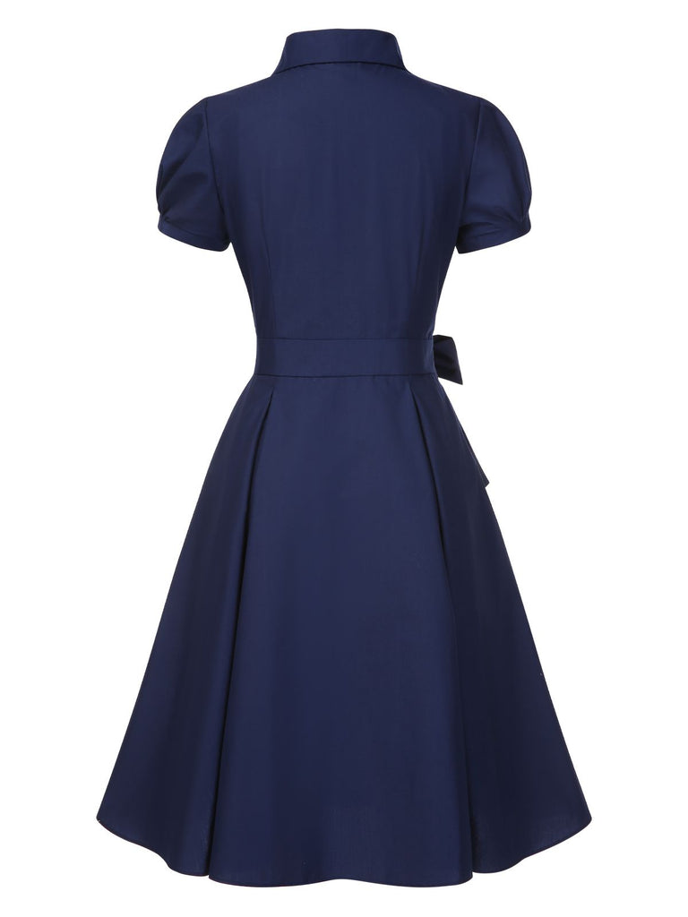 [Pre-Sale] Dark Blue 1940s Bow Lace Trim Belted Dress
