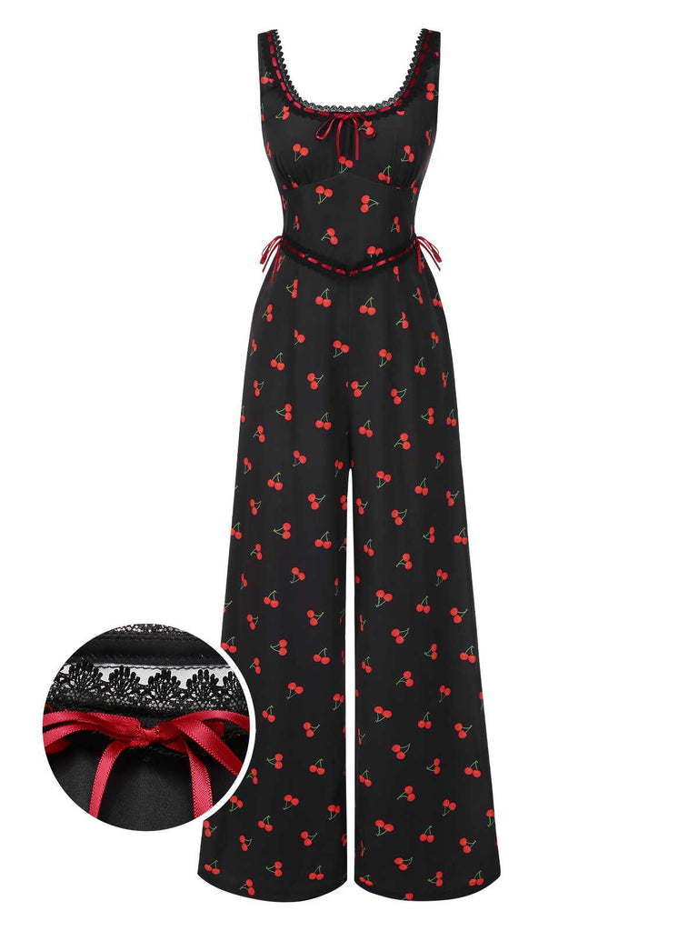 [Pre-Sale] 1940s Square Neck Lace Trim Cherry Bow Jumpsuit