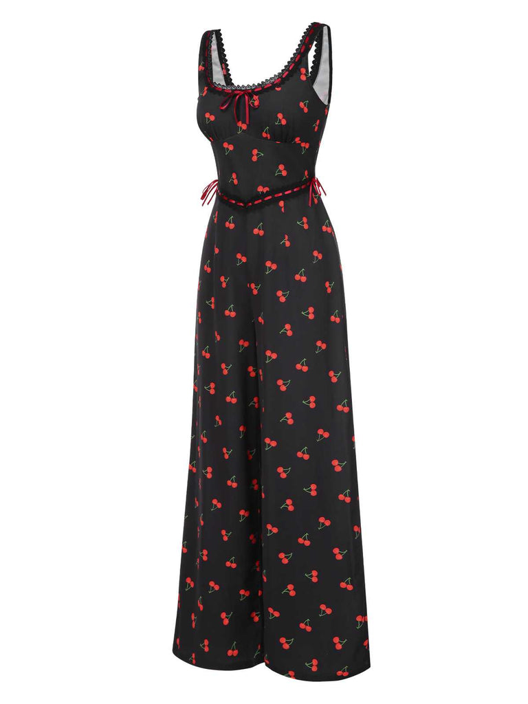 [Pre-Sale] 1940s Square Neck Lace Trim Cherry Bow Jumpsuit