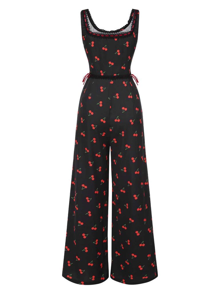 [Pre-Sale] 1940s Square Neck Lace Trim Cherry Bow Jumpsuit