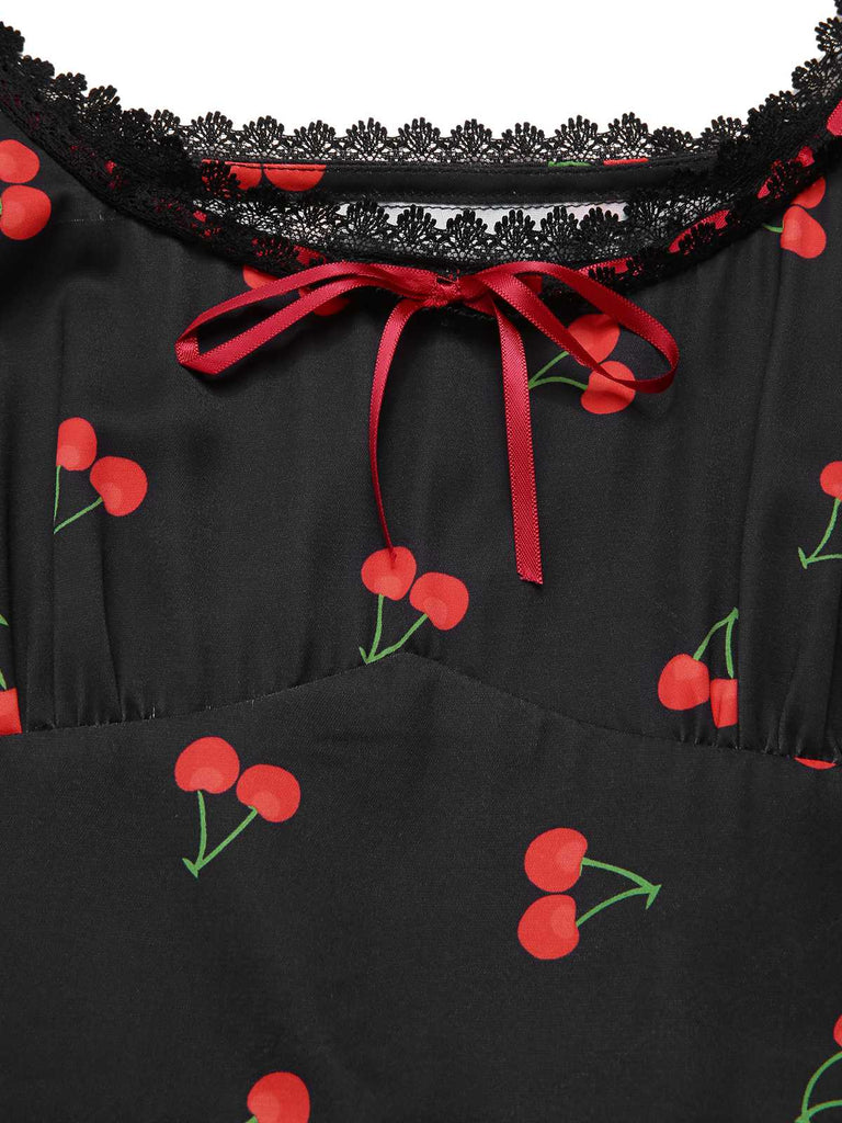 [Pre-Sale] 1940s Square Neck Lace Trim Cherry Bow Jumpsuit
