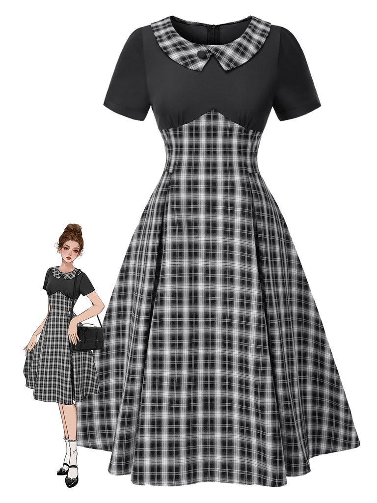 [Pre-Sale] Black 1950s Lapel Pleated Plaid Patchwork Dress
