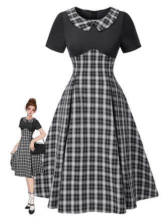Black 1950s Lapel Pleated Plaid Patchwork Dress