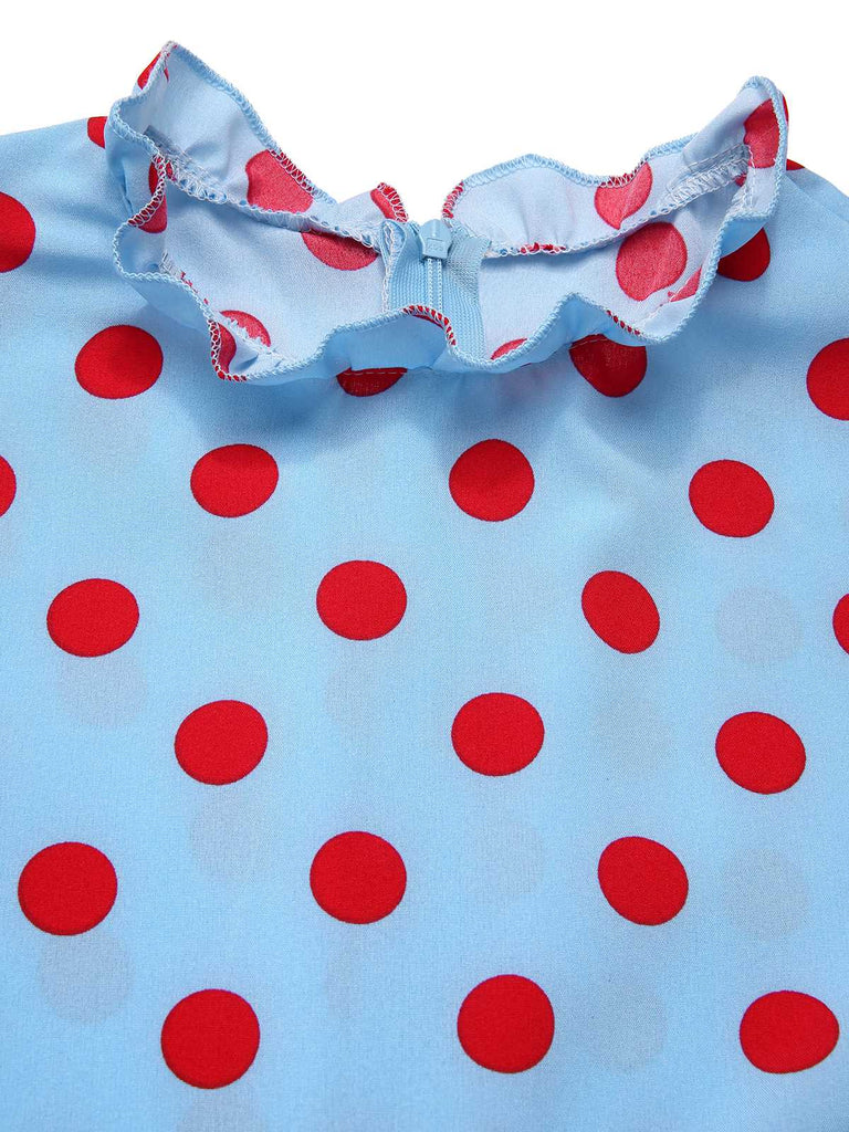 [Pre-Sale] Blue 1940s Polka Dot Ruffled Puff Sleeve Dress