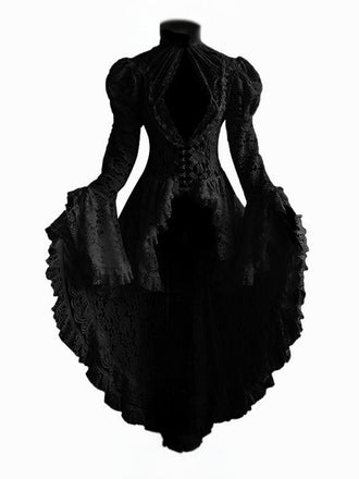 Black 1980s Gigot Sleeve Victorian Lace Dress