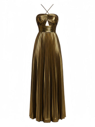 Gold 1930s Metallic Cross Halter Pleated Dress