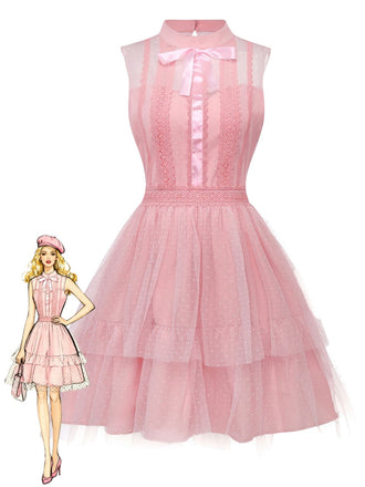 Pink 1960s Lace Trim Ribbon Bow Sleeveless Tulle Dress