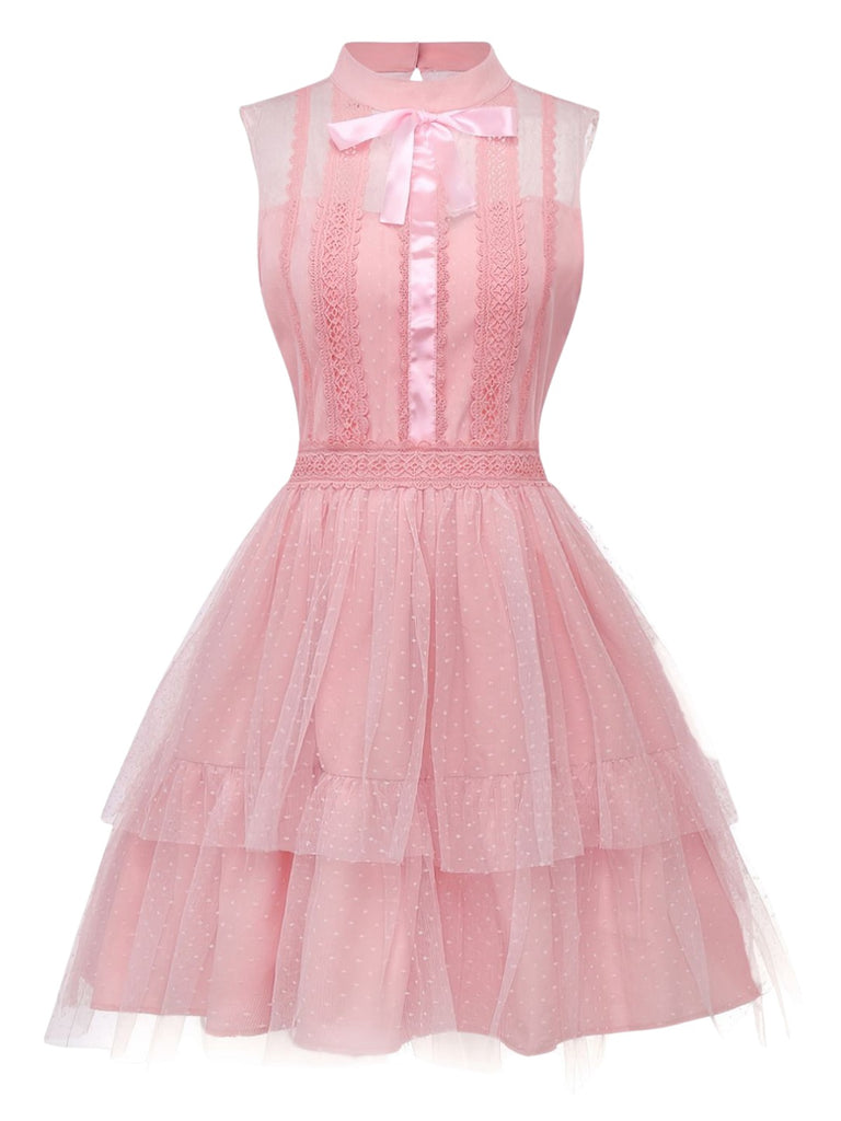 Pink 1960s Lace Trim Ribbon Bow Sleeveless Tulle Dress