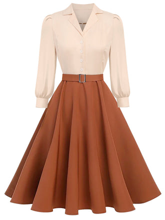 Khaki 1950s Colorblock Long Sleeve Button Dress