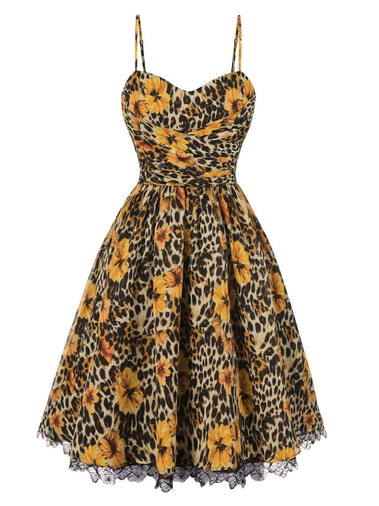 [Pre-Sale] 1950s Slip Leopard Sunflower Butterflies Lace Dress