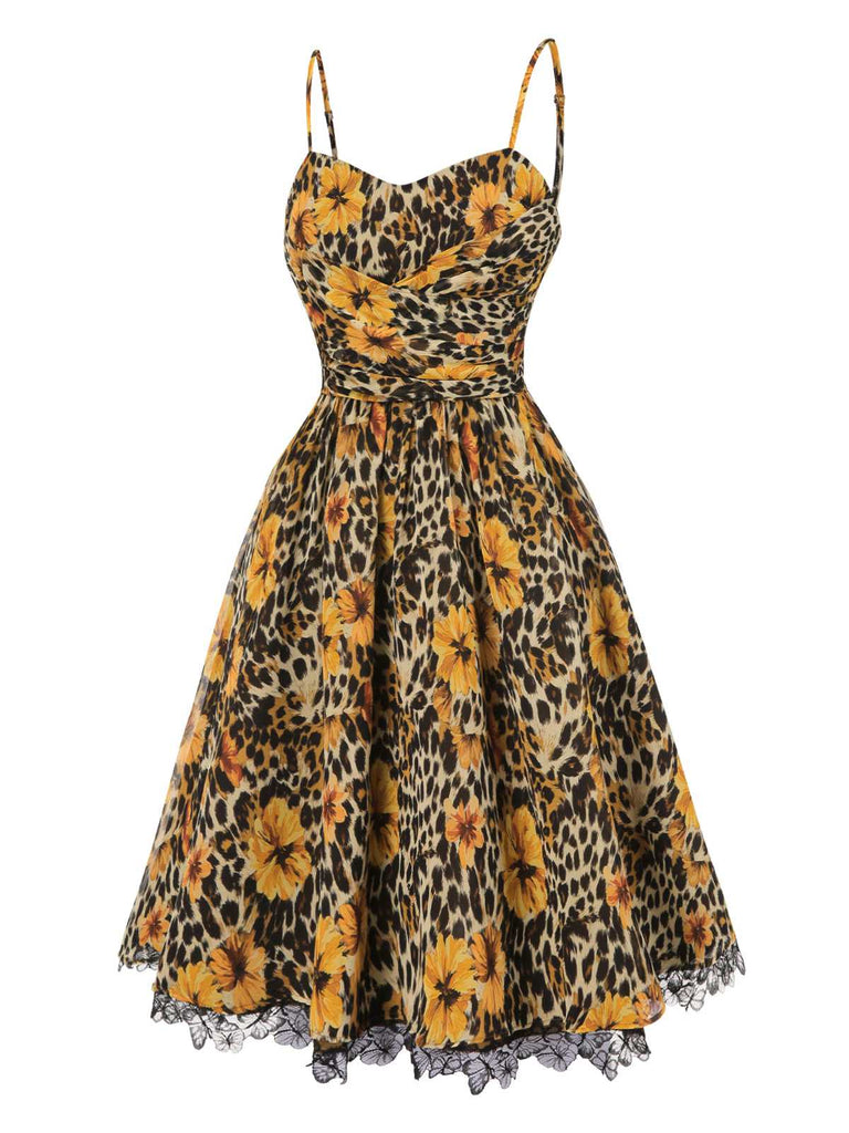 [Pre-Sale] 1950s Slip Leopard Sunflower Butterflies Lace Dress