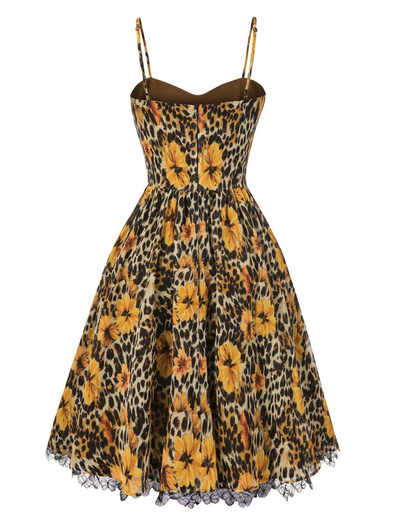 [Pre-Sale] 1950s Slip Leopard Sunflower Butterflies Lace Dress