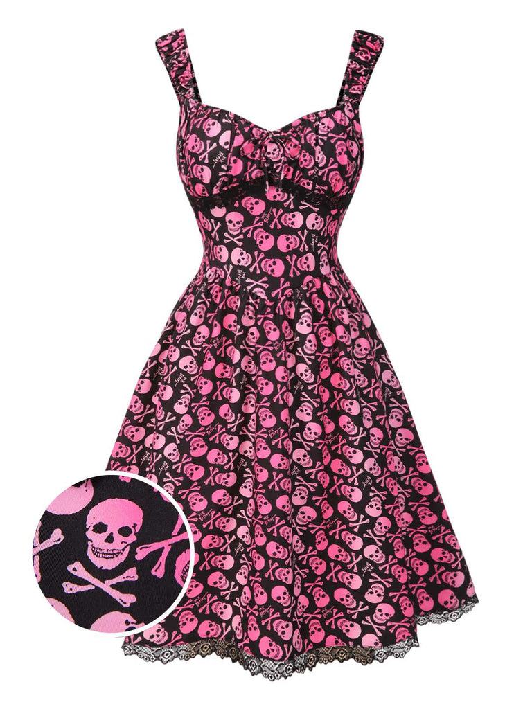 [Pre-Sale] Pink 1950s Halloween Skull Lace Patchwork Dress