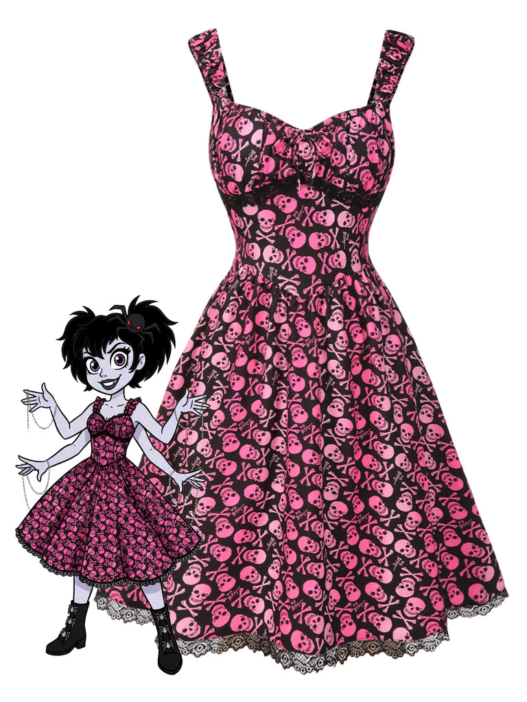 [Pre-Sale] Pink 1950s Halloween Skull Lace Patchwork Dress
