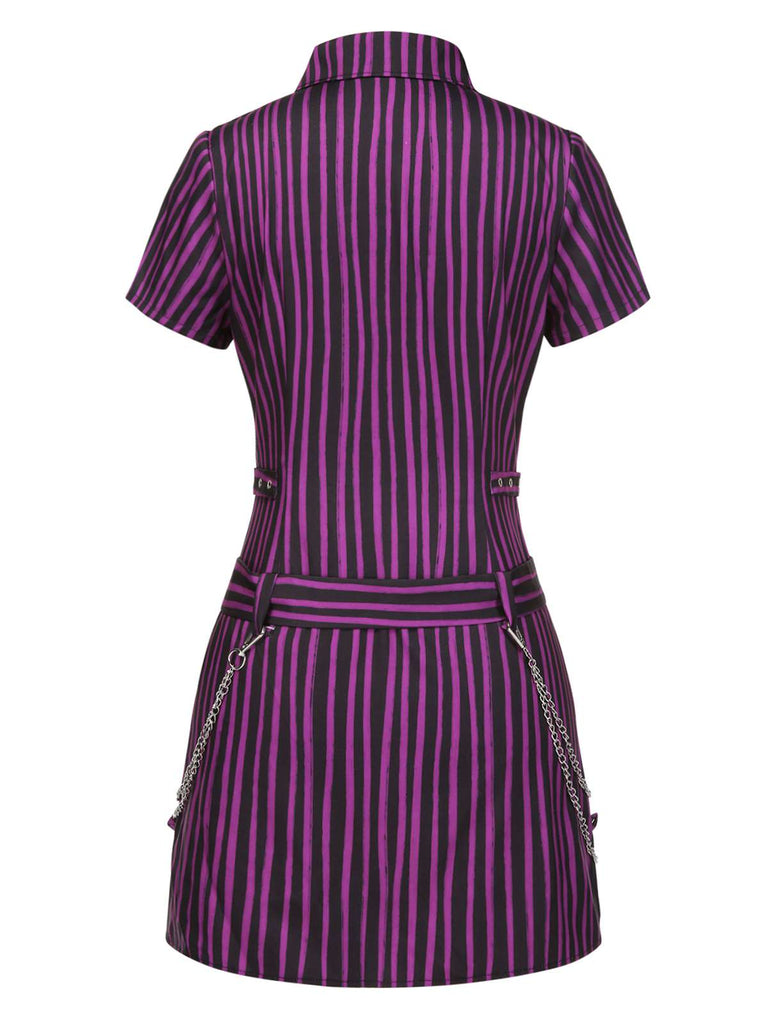 [Pre-Sale] Purple 1940s Gothic Striped Chains Belted Mini Dress