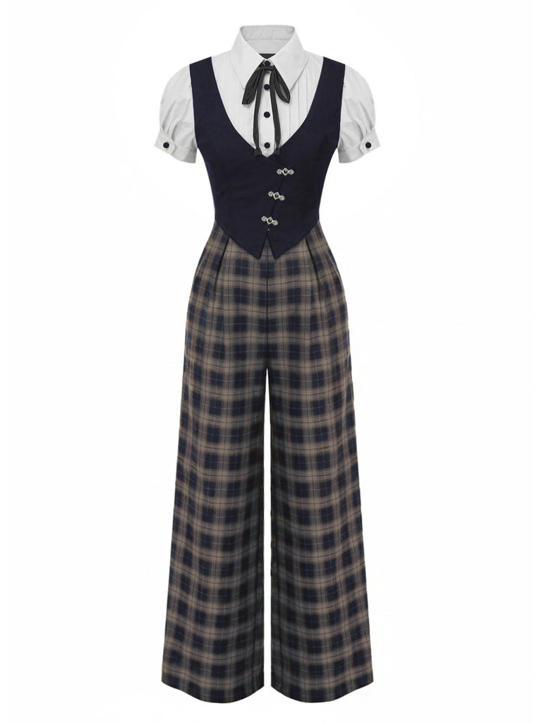 [Pre-Sale] Black 1930s Faux 3PCS Bow Plaid Jumpsuit