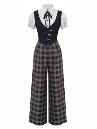 [Pre-Sale] Black 1930s Faux 3PCS Bow Plaid Jumpsuit